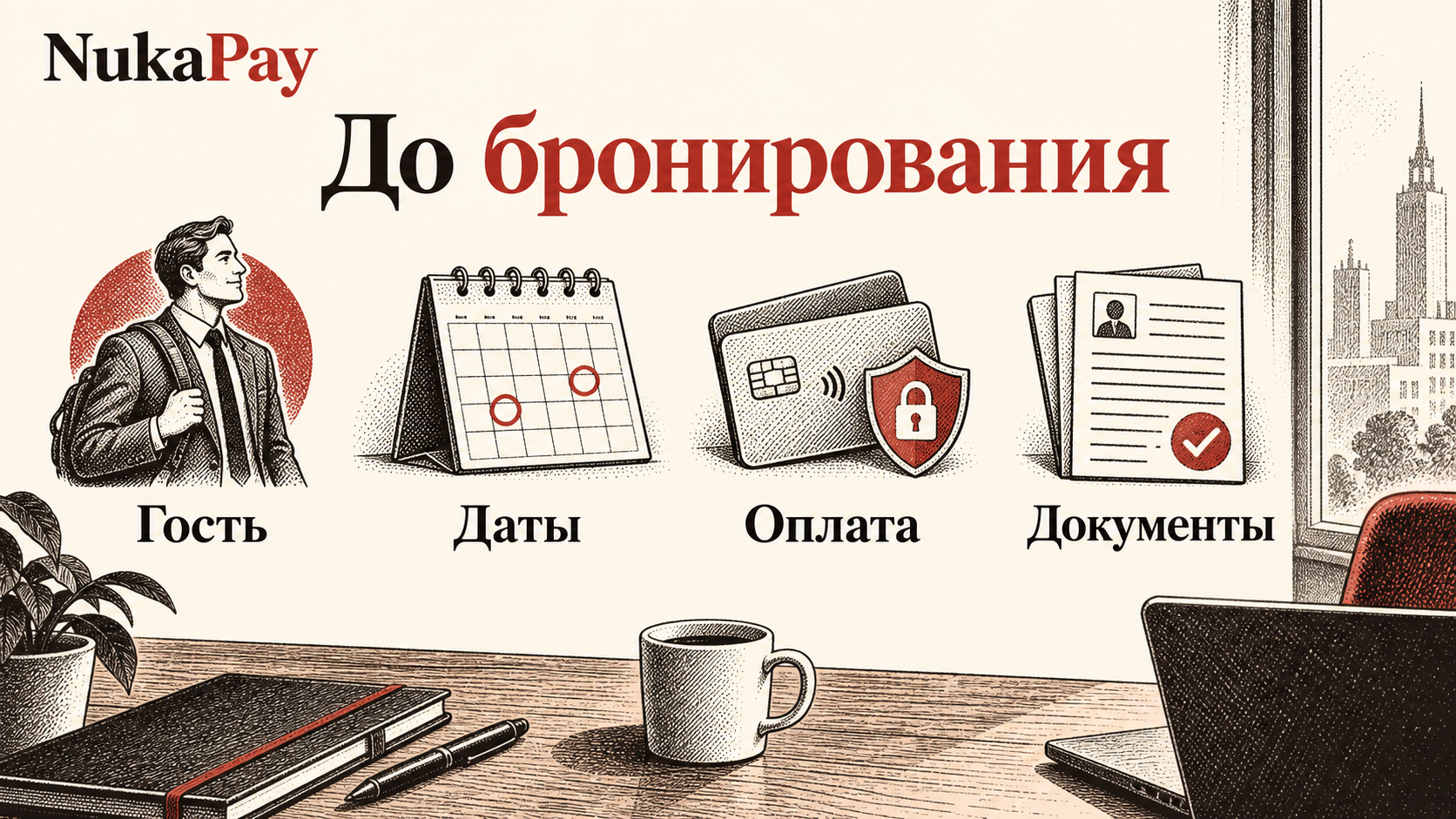 До бронирования: Гость, Даты, Оплата, Документы