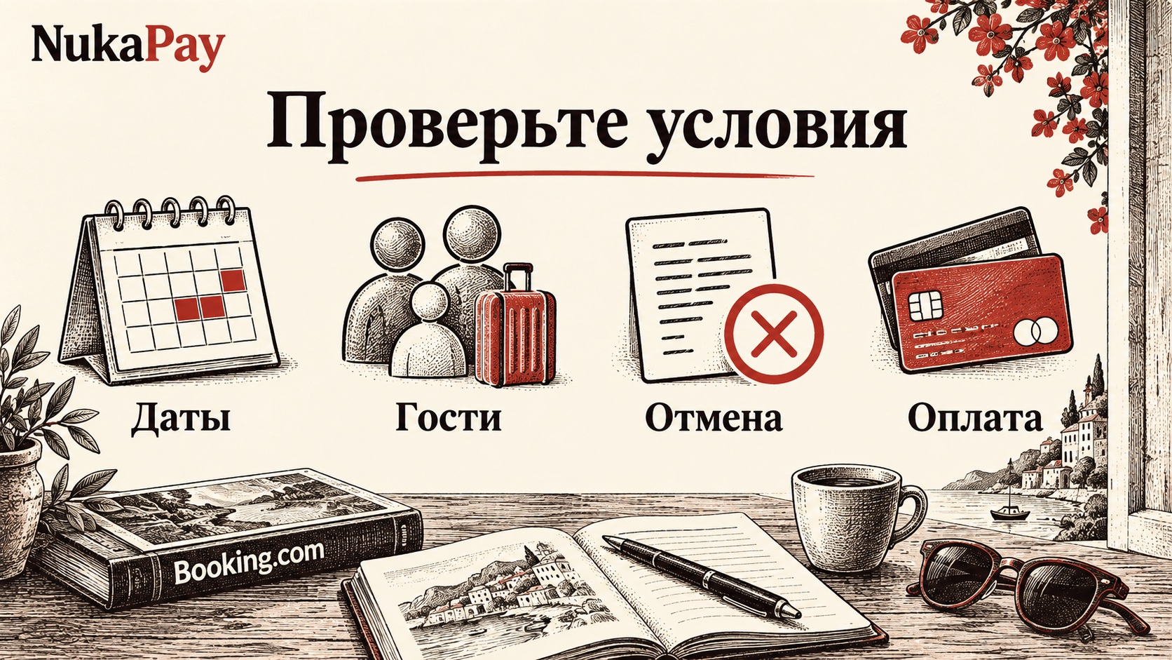 Проверьте условия: Даты, Гости, Отмена, Оплата